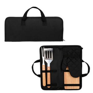 HO 152, SKIRT. Estuche portatil con utensilios para BBQ. Incluye tenedor, volteador, cuchillo, tabla y guante.